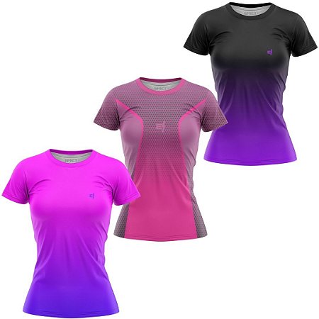 Kit 3 Camisetas Fitness Feminina - Rosa Azul - Joy - Preto Roxo