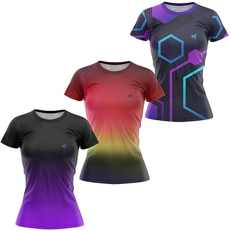 Kit 3 Camisetas Fitness Feminina - Preto Roxo - Vermelho Amarelo - Conect