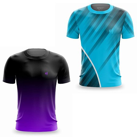 Kit 2 Camisetas Fitness Masculina - Preto Roxo e Sky Blue