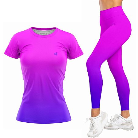 Kit Calça Legging com Camiseta Feminina Degrade Rosa Azul