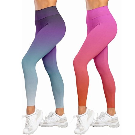 Kit 2 Calças Legging Degrade - Roxo Azul e Laranja Rosa