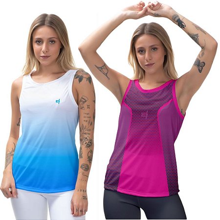 Kit 2 Regatas Fitness Feminina - Azul Branco e Joy