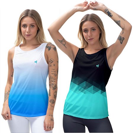 Kit 2 Regatas Fitness Feminina - Azul Branco e FIT