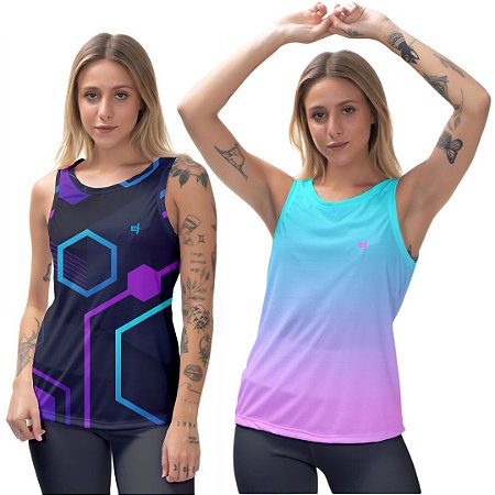 Kit 2 Regatas Fitness Feminina - Conect e Azul Lilás