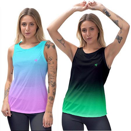 Kit 2 Regatas Fitness Feminina - Azul Lilás e Preto Verde
