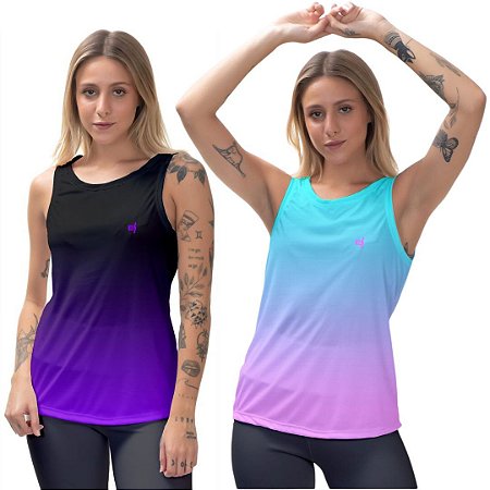 Kit 2 Regatas Fitness Feminina - Preto Roxo e Azul Lilás