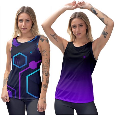 Kit 2 Regatas Fitness Feminina - Conect e Preto Roxo