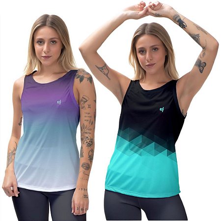 Kit 2 Regatas Fitness Feminina - Azul Roxo e Fit