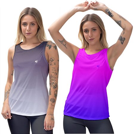 Kit 2 Regatas Fitness Feminina - Preto Cinza e Rosa Azul