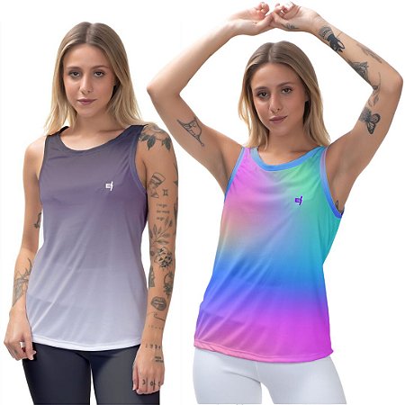 Kit 2 Regatas Fitness Feminina - Preto Cinza e Tie Dye