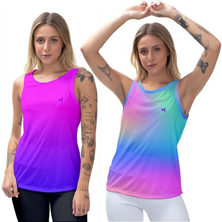 Kit 2 Regatas Fitness Feminina - Rosa Azul e Tie Dye