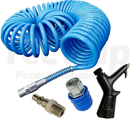 Mangueira Espiral PU Compressor 5 Metros + Bico + Engate + Pino de Engate Rápido