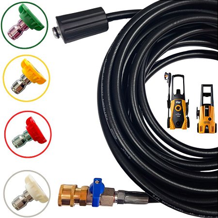 10 Metros de Mangueira + Registro c/ Engate Rápido para Lavadora de Alta Pressão Wap New Eco Wash 2200 + 4 Bicos de Engate Rápido