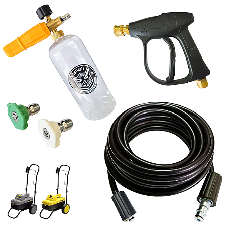 Kit 20m Mangueira Trama de Nylon + Snow Foam Com Gatilho + 2 Bicos Coloridos Para Lavadoras Karcher HD 585