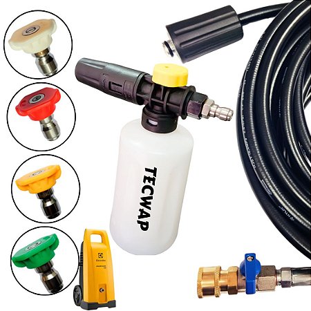 7 METROS MANGUEIRA TRAMA DE NYLON COM REGISTRO + 4 BICOS COLORIDOS + SNOW FOAM PARA LAVADORAS ELECTROLUX