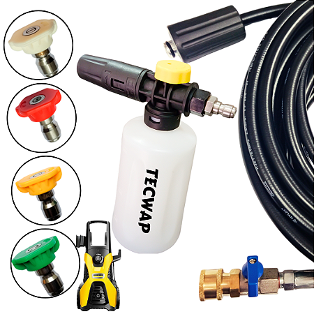 10 METROS MANGUEIRA TRAMA DE NYLON COM REGISTRO + 4 BICOS COLORIDOS + SNOW FOAM PARA LAVADORAS KARCHER K3, K4, K5