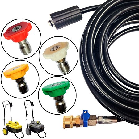 15 METROS MANGUEIRA TEAMA DE NYLON COM REGISTRO + 4 BICOS COLORIDOS PARA KARCHER HD585