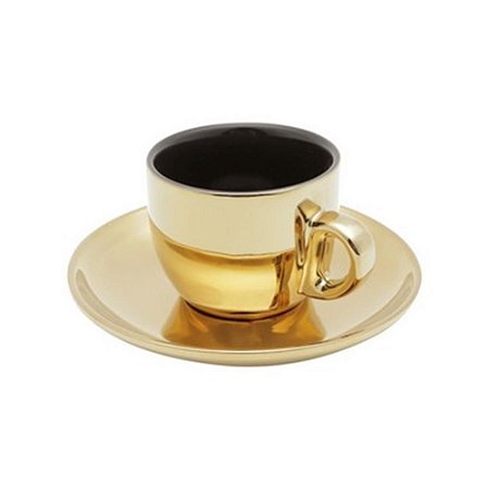 Conjunto 6 Xícaras Café Porcelana Com Pires Versa Preto/Dourado  90ml