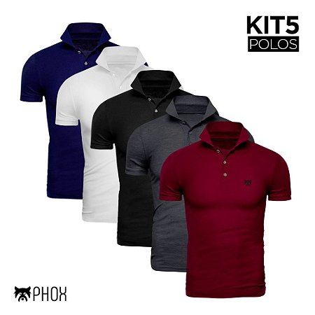 Kit 5 Polos Phox Premium com bolso - Azul, Branca, Preta, Cinza Escuro,  Bordô - Camisa Polo - Kits de camisa polo nacional