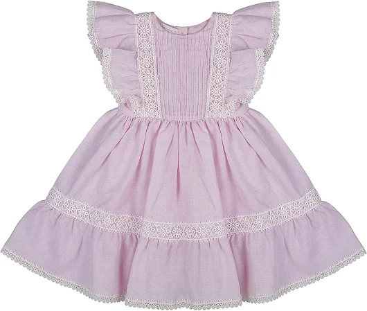 Vestido com Babados e Renda Guipir Rosa - Bárbara Kids