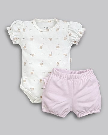 Conjunto Body Estampado e Short Suedine Pima Elefante Rosa - Anjos Baby
