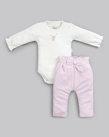 Conjunto Body Manga Longa e Calça Suedine Pima Elefante Rosa - Anjos Baby