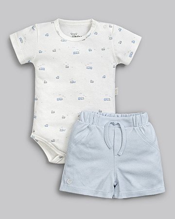 Conjunto Body Estampado e Short Suedine Pima Azul Transportes - Anjos Baby