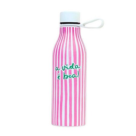 Garrafa Isotérmica 500 ml, c/ Dupla Camada de Aço Inox Rosa e Branco - Florie