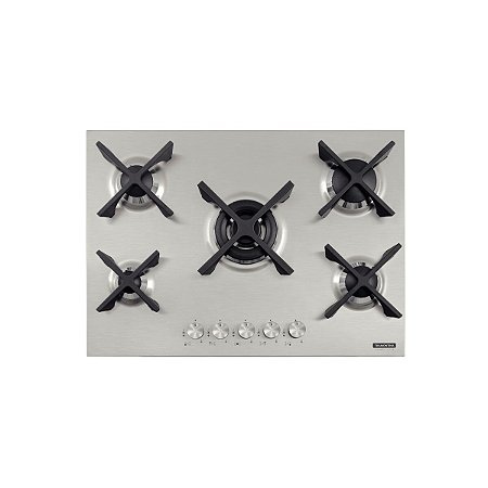 Cooktop a Gás Tramontina Design Collection Penta Inox Flat 5 GX 70 em Aço Inox e Trempes em Ferro Fundido com Acendimento Automático e 5 Queimadores