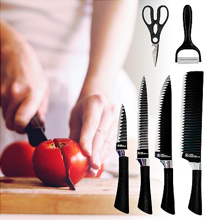 Jogo De Facas 6 Peças Aço Inoxidável Conjunto Com Tesoura Multifuncional Cozinha