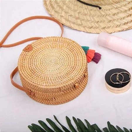 Bolsa De Bambu Redonda Feminina Com Alça Fixa Forrada Verão