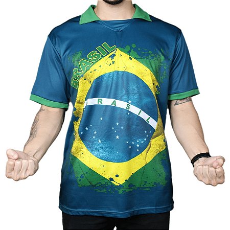 Camisa Polo Azul Bandeira Brasil Copa do Mundo Futebol