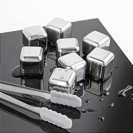 Cubos De Gelo Em Aço Inox Com Pegador Kit com 8 Unidades