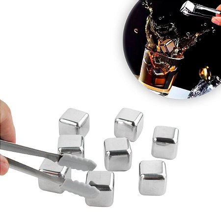 Cubos De Gelo Em Aço Inox Com Pegador Kit com 8 Unidades