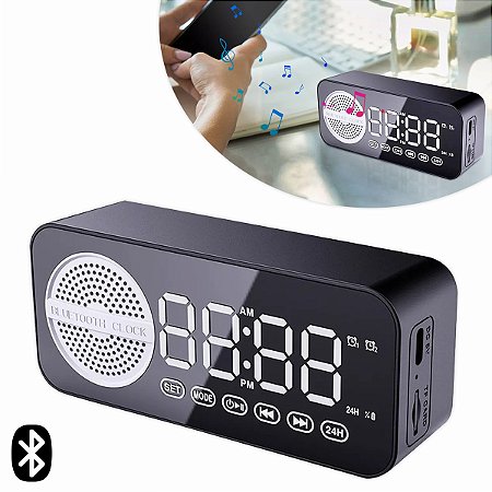 Mini Caixa de Som Bluetooth Com Relógio Despertador Portátil