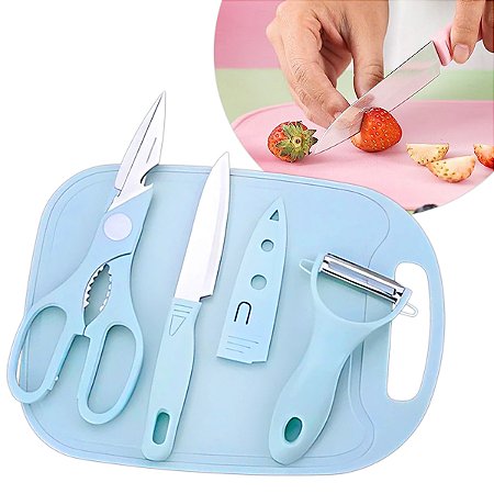 Kit Utensílios Cozinha Faca Tabua Tesoura Descascador 4 Peças