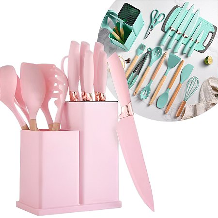 Kit 19 Utensílios De Cozinha Silicone Cabo De Madeira Faca Tábua