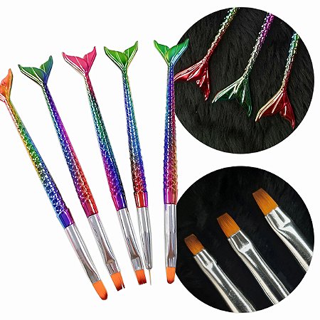 Kit 5 Pincéis Sereia Unhas Acrigel Decoração Furtacor Manicure