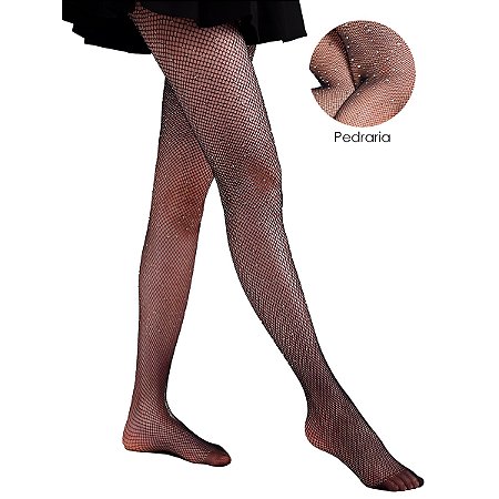Meia Calça Arrastão Preta com Strass Feminina Roupa