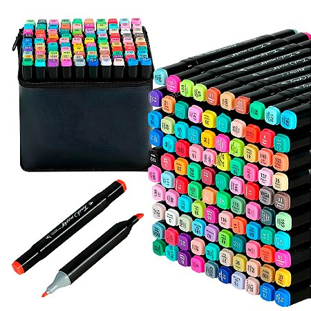 Kit Conjunto Marcadores com Estojo Ponta Dupla 60 Peças