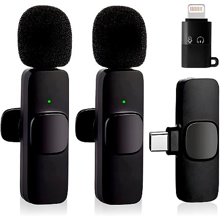 2 Microfones Wireless Lapela Adaptador IOS Encaixe Tipo C