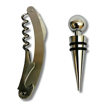 Kit Vinho 2 Peças Abridor Tampa Aço Inox Bebida Garrafa