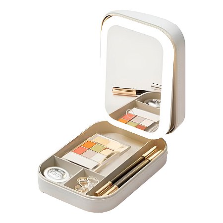 Caixa Estojo Branco Espelho LED Portátil Recarregável