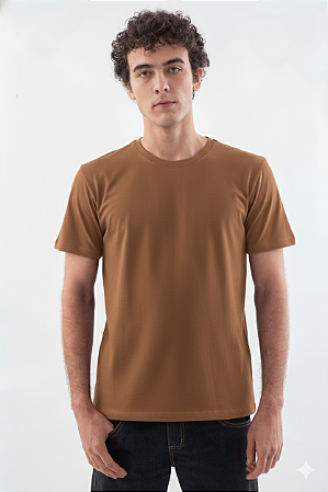 Camiseta Básica Masculina Gola Olímpica Malha Fio Algodão Orgânico Caramelo