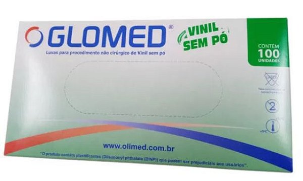 Luva de Vinil sem pó Tam M c/ 100 unid Glomed - Mais Saúde Med