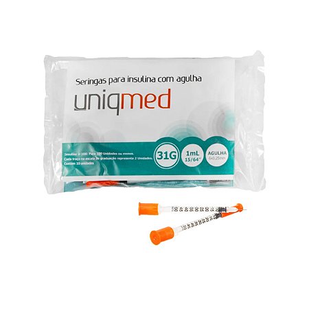 Seringa para Insulina com Agulha Estéril 1,0ml 31g da Uniqmed - Pacote 10 Unidades