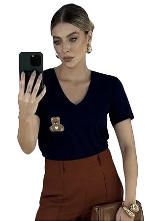 T-Shirt Manga Curta Bolso Urso Viscomalha