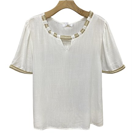 Blusa Manga Curta Bordado Viscolinho