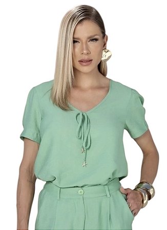 Blusa Manga Curta Laço Frontal Viscose