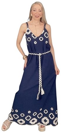 Vestido Alça Bordado Cinto Viscose